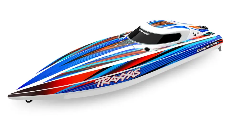 Ein schnelles RC-Boot mit dynamischem Streifenmuster in Blau, Rot und Orange. Dieses Modell ist Teil der Traxxas Bootsmodelle.