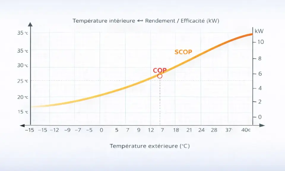Courbe montrant le rendement d'une climatisation en fonction de la température extérieure. Le COP et le SCOP sont indiqués.