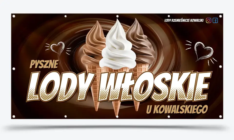 Pyszne lody włoskie u Kowalskiego! Reklama produktu plakat zachęca do spróbowania lodów rzemieślniczych.