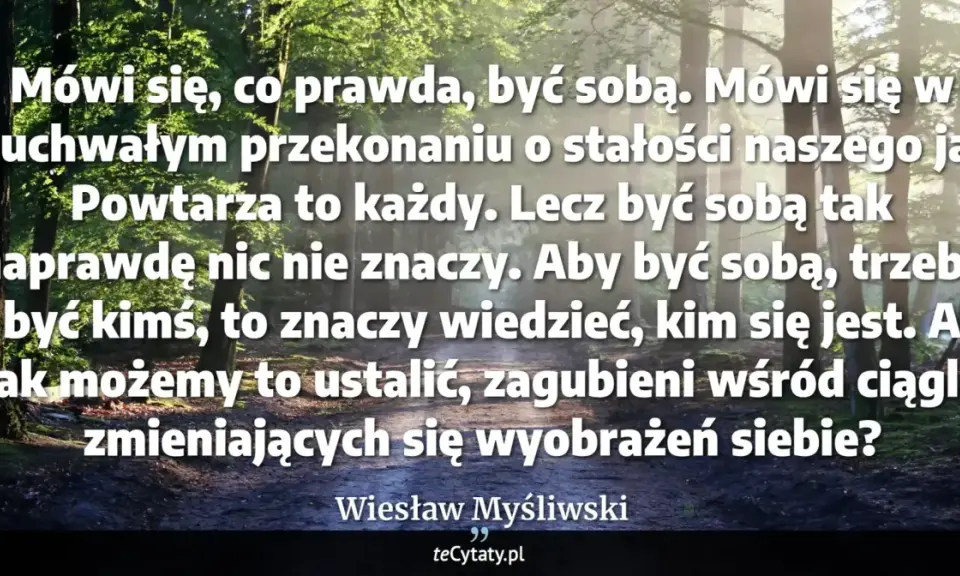 Las skąpany w słońcu. Cytat: "Aby być sobą, trzeba być kimś, to znaczy wiedzieć, kim się jest. A jak możemy to ustalić, zagubieni wśród ciągle zmieniających się wyobrażeń siebie?" Wiesław Myśliwski. Wiem że nic nie wiem.