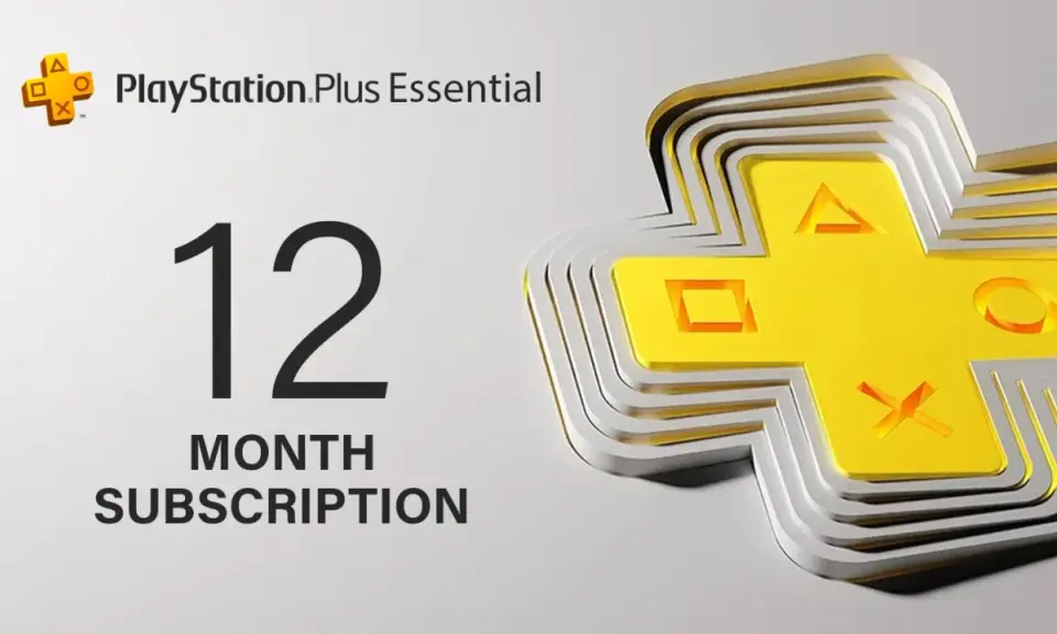 PlayStation Plus Essential: 12-miesięczna subskrypcja z dostępem do gier. Ikona PS Plus i przyciski kontrolera.