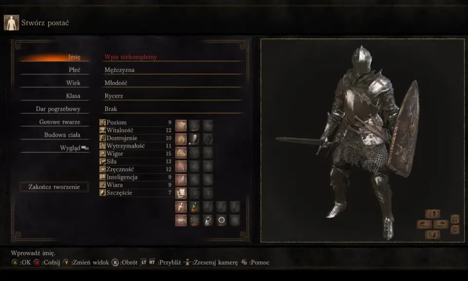 Tworzenie postaci w Dark Souls: Rycerz, męska postać z podstawowymi statystykami. Poradnik dla początkujących.
