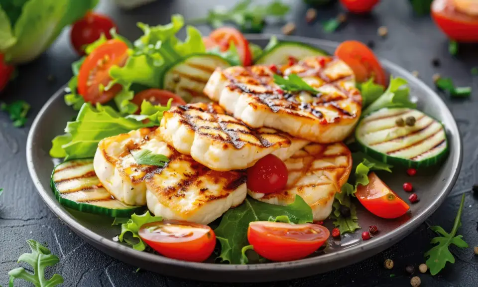 Assiette de halloumi grillé, tomates cerises, concombre et salade verte. Un délice estival.