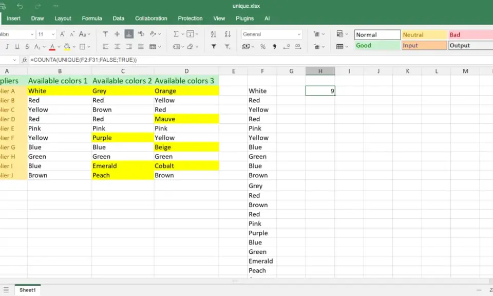 Ein **unique Excel** Arbeitsblatt zeigt Lieferanten und deren verfügbare Farben. Eine Formel zählt die einzigartigen Farben.