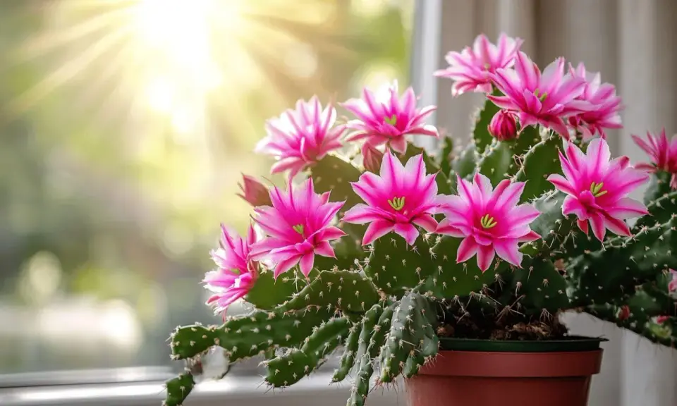 Un cactus de Noël en pleine floraison rose vif, baigné de soleil. Un bel exemple de cactus de Noël entretien réussi.