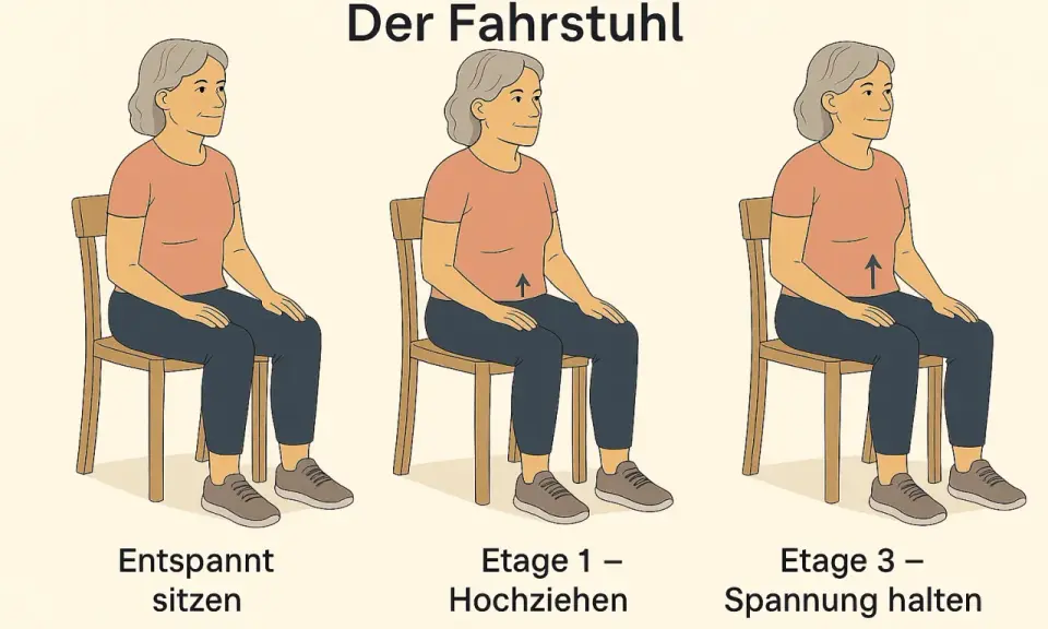 Frau übt Beckenbodentraining im Sitzen: entspannt, hochziehen, Spannung halten.