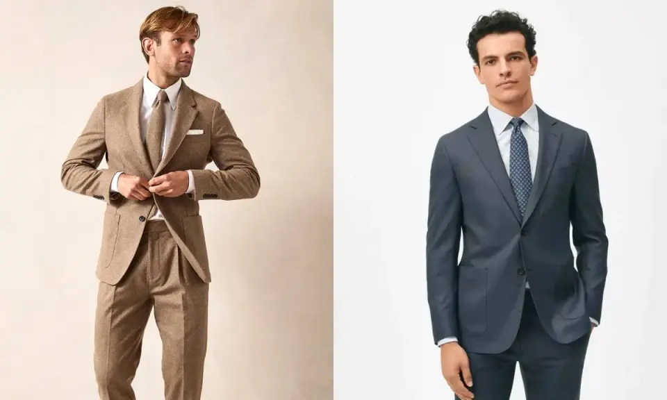 Two men in suits. The man on the left wears a brown tweed suit, demonstrating what is semiformal. The man on the right wears a dark grey suit.