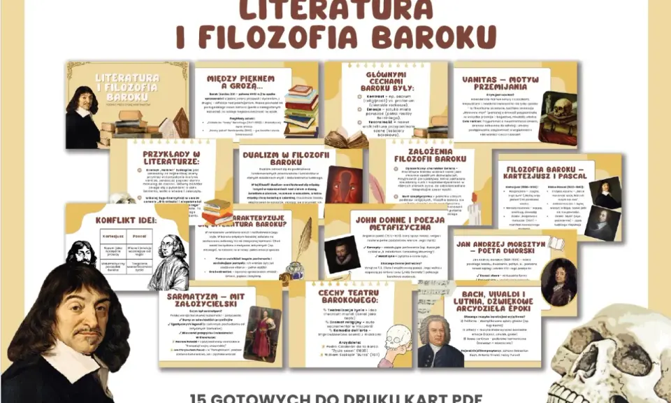 Ilustracja przedstawia kolaż kart z informacjami o literaturze i filozofii baroku, z portretami postaci i symbolami epoki.