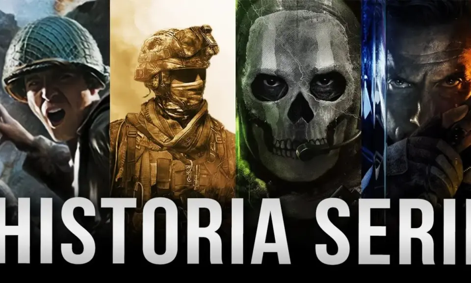 Kolaż postaci z gier, w tym żołnierze i kultowa maska Ghosta, ilustruje historię serii, która oferuje wrażenia podobne do Call of Duty.