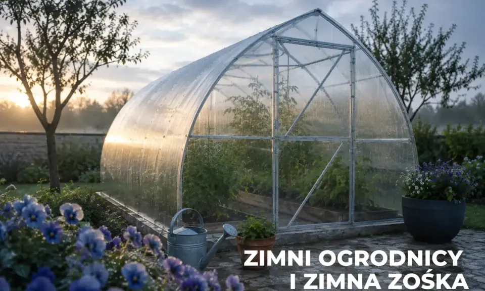 Szklarnia w ogrodzie o wschodzie słońca, z kwiatami i konewką. Czas na zimni ogrodnicy, kiedy pogoda bywa kapryśna.