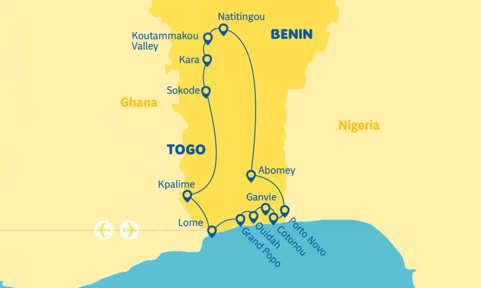 Trasa podróży przez Benin, Togo i Ghanę. Mapa pokazuje miasta takie jak Natitingou, Kpalime, Lome, Ouidah, Cotonou i Porto Novo.