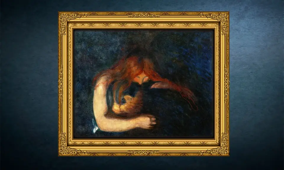 En kvinna med rött hår omfamnar ett barn i mörka toner. Edvard Munch fakta: Målningen heter "Madonna".