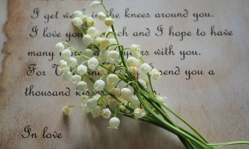 Mughetto su pergamena con parole d'amore, che ricordano le più belle poesie famose.