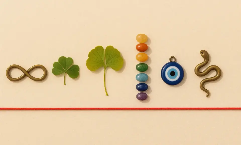 Symbole énergie spirituelle : un signe infini, un trèfle, une feuille de ginkgo, des pierres de chakra, un œil bleu et un serpent.
