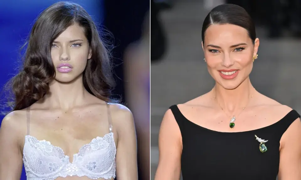 Adriana Lima en 2000, joven y radiante en lencería blanca, y años después, elegante de negro con joyas.