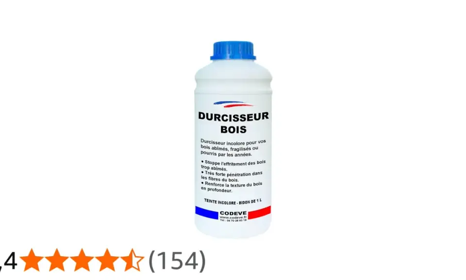 Bouteille de durcisseur bois incolore, idéal pour redonner vie à vos meubles anciens. Ce produit fait maison pénètre en profondeur.