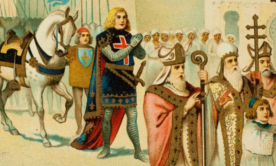 Ein Ritter mit Kreuz, Bischöfe und ein Knappe. So lebten die Menschen im Mittelalter, in Prozessionen und mit religiöser Symbolik.