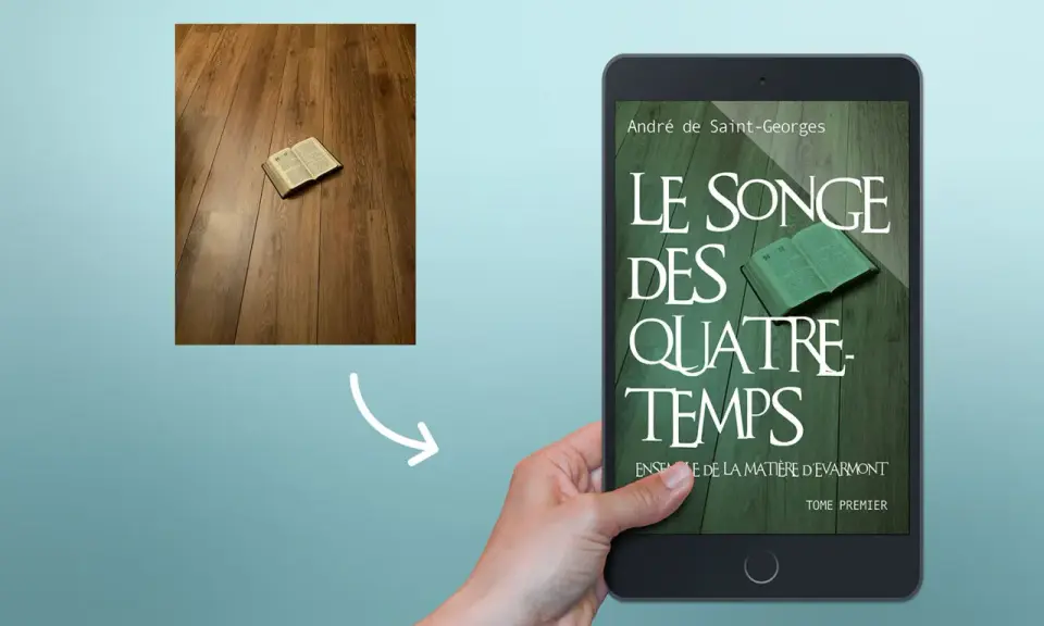 Une belle couverture de livre numérique, "Le Songe des Quatre-Temps", est présentée sur une tablette tenue par une main.