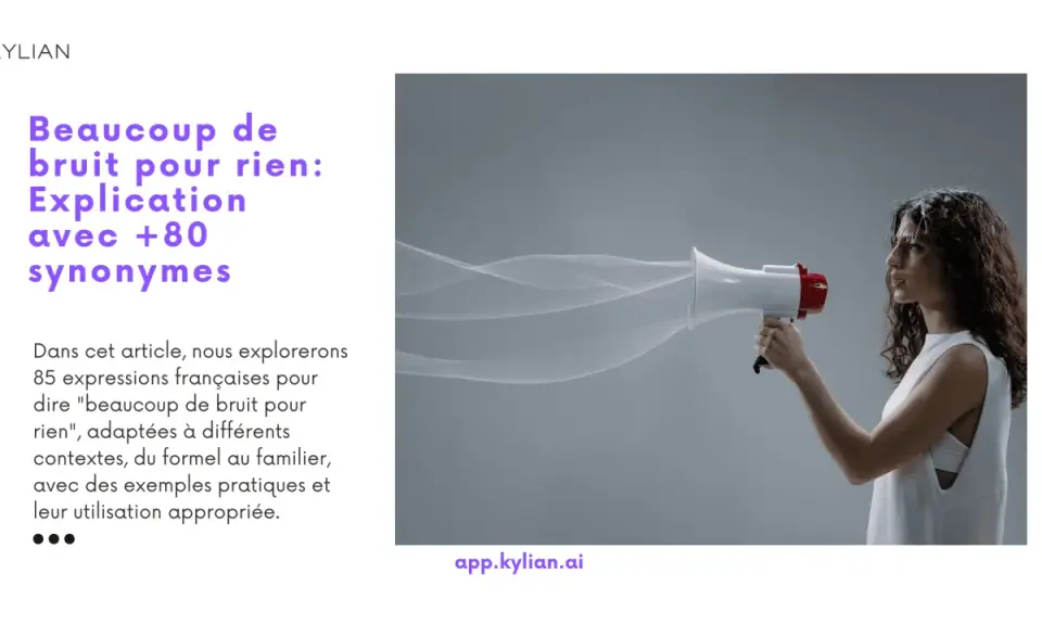 Une femme tient un mégaphone d'où s'échappe un nuage de fumée stylisé. L'image illustre l'idée d'exprimer un synonyme pour "beaucoup de bruit pour rien".