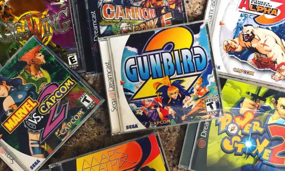Cajas de los mejores juegos de Dreamcast: Marvel vs. Capcom 2, Gunbird 2, Power Stone 2, Gigawing, Cannon Spike y Street Fighter Alpha 3.