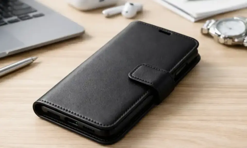 Eleganckie, czarne xiaomi redmi note 9 etui z klapką, idealne do pracy i podróży.
