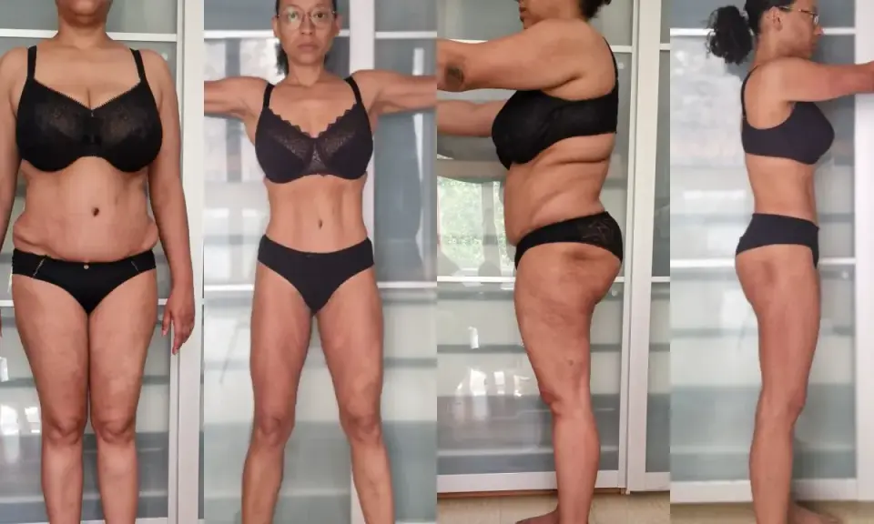 Avant/après : une femme en lingerie noire, montrant une transformation physique impressionnante. Elle a réussi à perdre 10 kg en 1 mois, sans manger le soir.