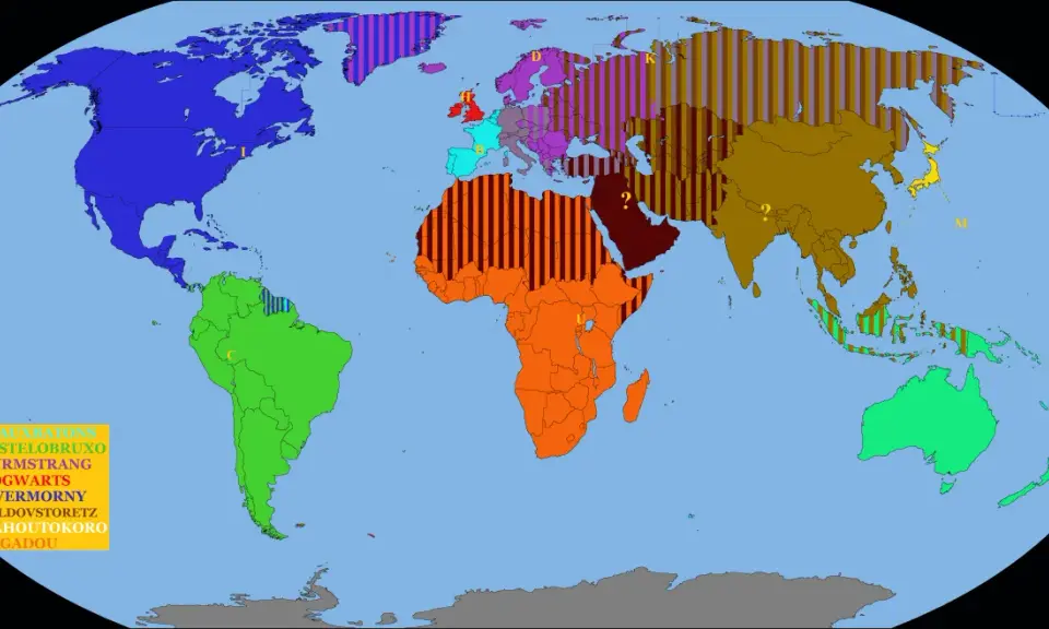 Mapa świata z zaznaczonymi regionami szkół w Harrym Potterze: Ilvermorny w Ameryce Północnej, Hogwarts w Europie, Castelobruxo w Ameryce Południowej.