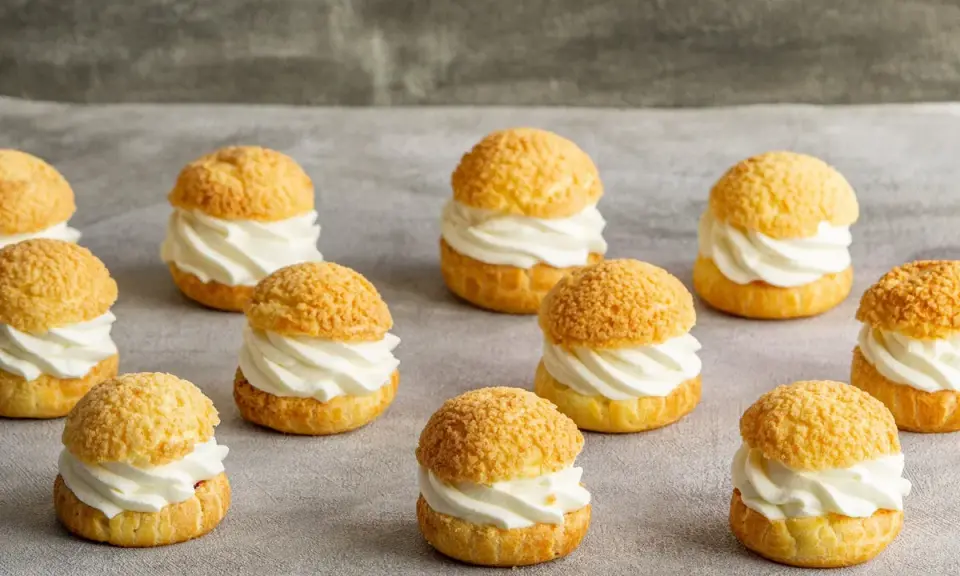 Douze petits choux garnis de crème fouettée, parfaits pour une recette pâte à choux professionnel.