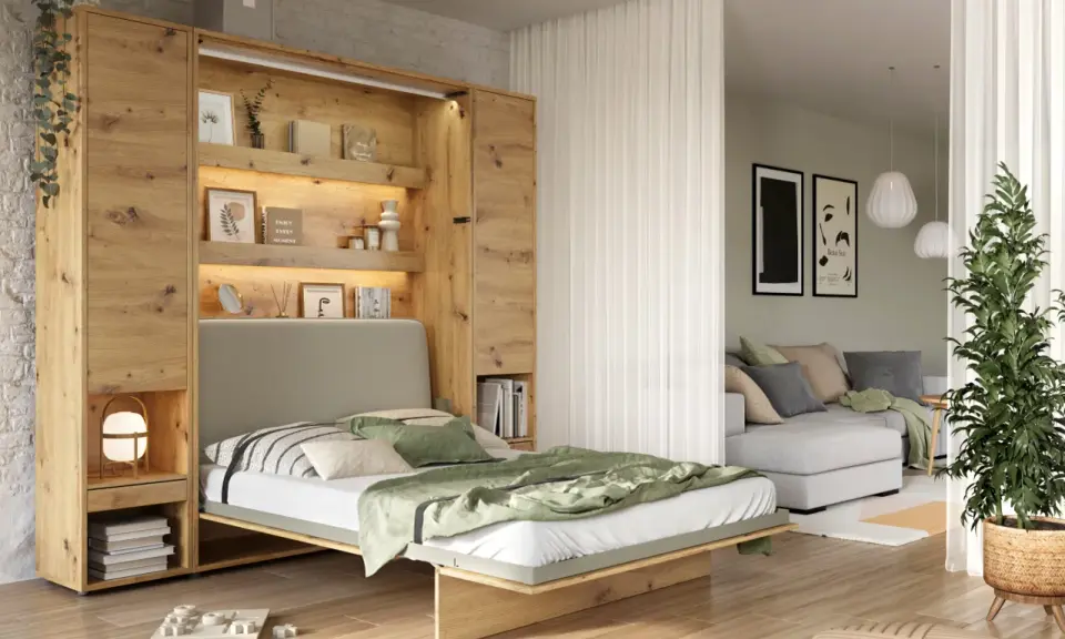 Idées pour comment amenager une chambre en longueur : un lit escamotable intégré dans des étagères en bois, optimisant l'espace.