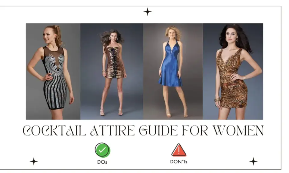 Four women showcase formal cocktail attire: sequined black, tiger-print strapless, blue satin halter, and leopard-print sheath dresses.