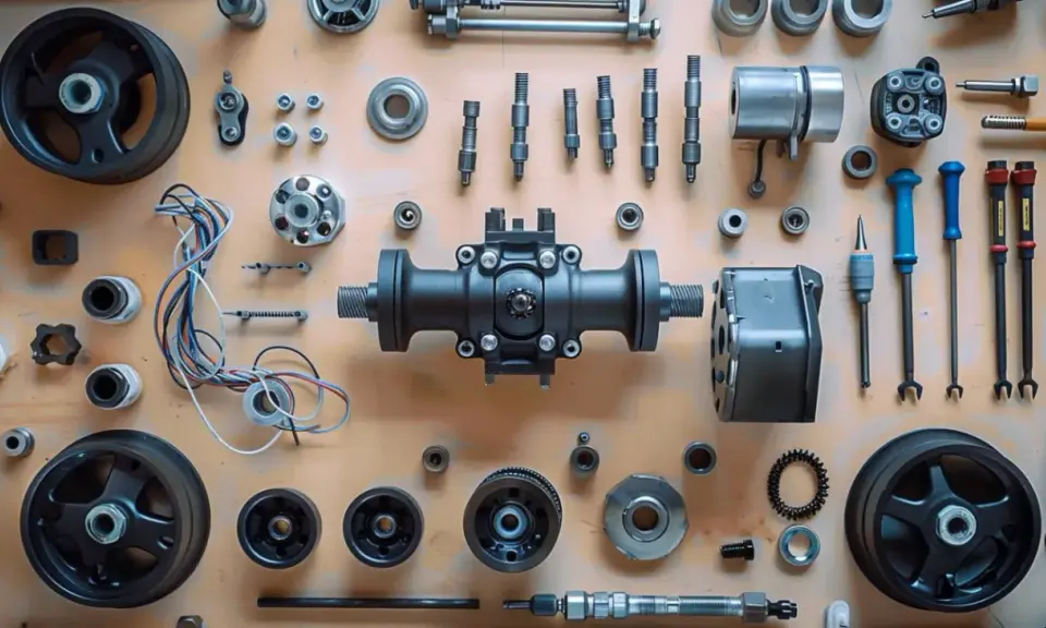 Vue éclatée de pièces mécaniques, dont une **tête électrovanne** centrale, des roues, des vis et des outils.