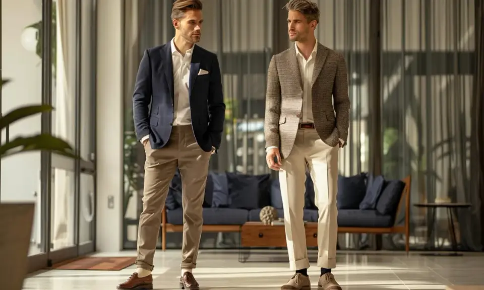 Two men showcase stylish sport coat color combinations. One wears a navy blazer with tan pants, the other a brown patterned blazer with cream trousers.