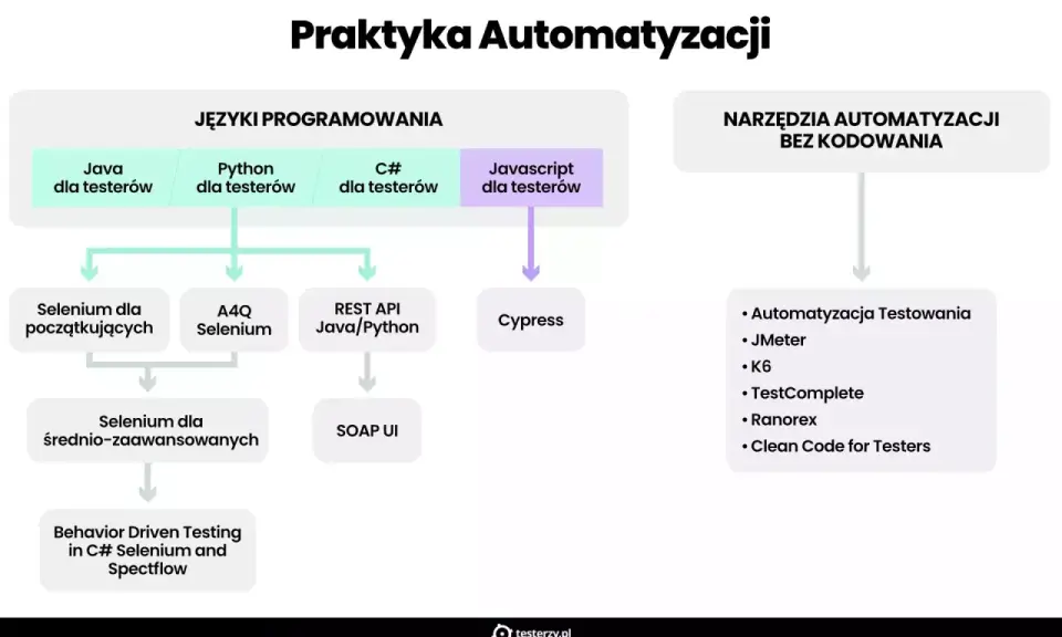 Schemat ścieżek rozwoju testera automatyzującego: języki programowania (Java, Python, C#, JS) i narzędzia bez kodowania (Automatyzacja Testowania, JMeter, K6, TestComplete, Ranorex).