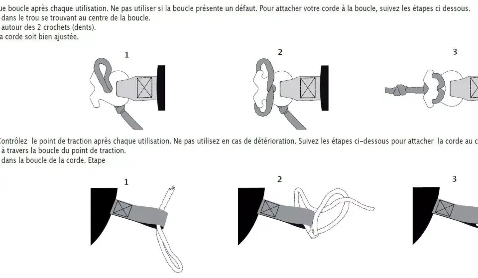 Illustrations montrant comment attacher une corde à un palonnier bateau, étape par étape.