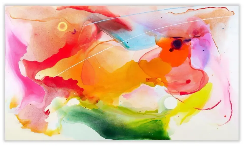 Lebendige Farben fließen ineinander, wie bei abstrakten Malern. Ein Wirbel aus Pink, Orange, Gelb und Grün, durchzogen von feinen Linien.