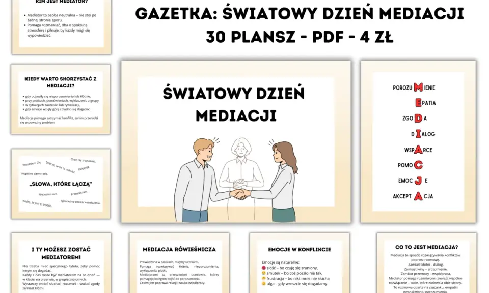 Ilustracja przedstawia mediację: mediator pomaga dwóm osobom w rozwiązaniu konfliktu. Pytania zadawane przez mediatora pomagają w dialogu.