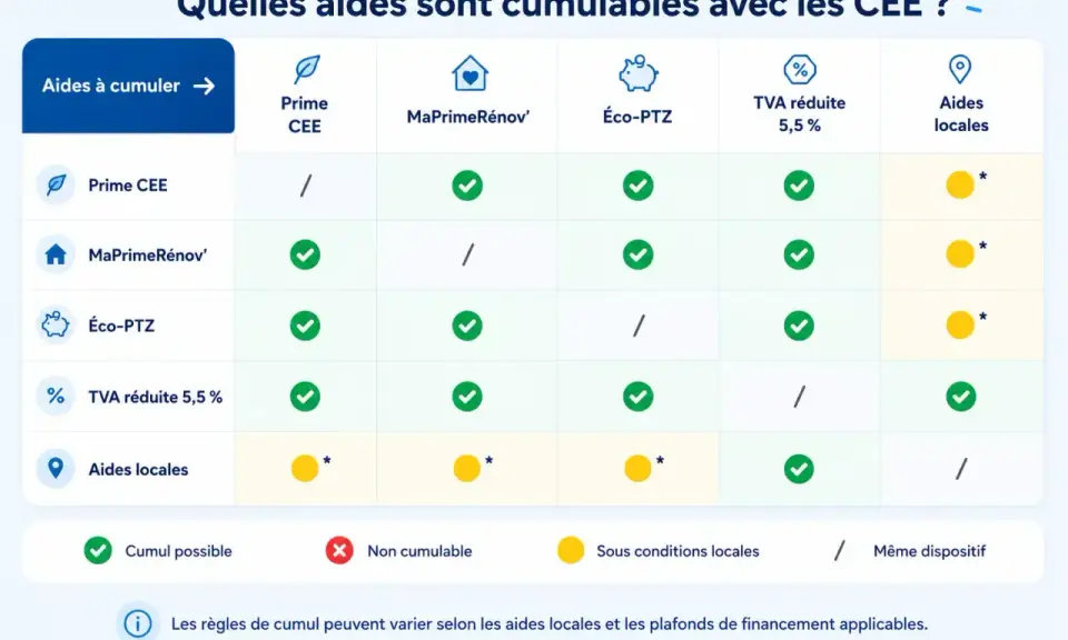 Tableau comparatif des aides cumulables avec la Prime CEE : MaPrimeRénov', Éco-PTZ, TVA réduite 5,5% et aides locales.
