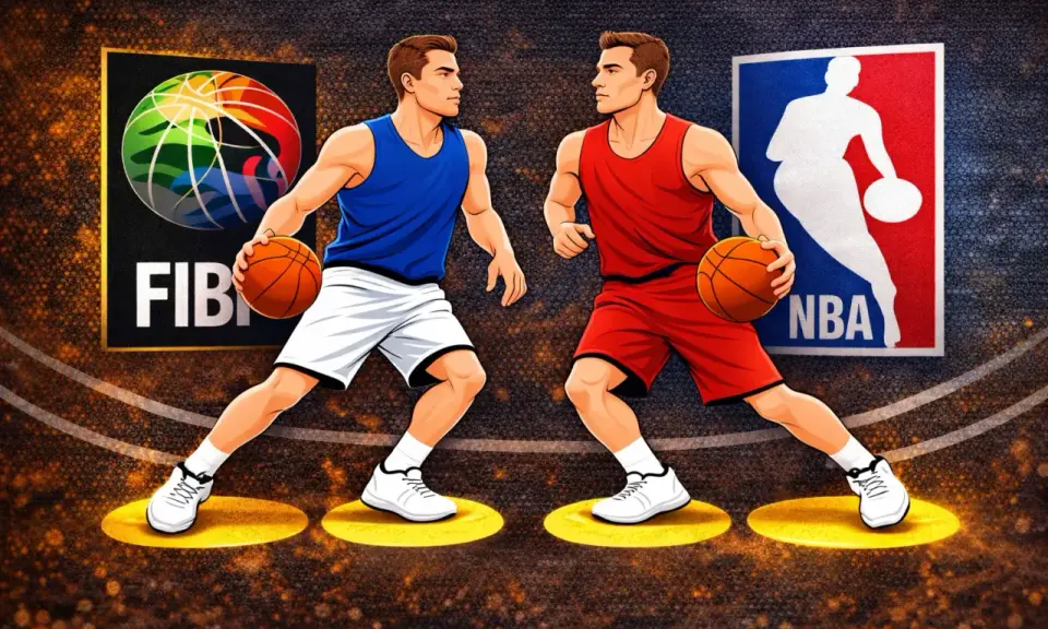 Dwóch koszykarzy, jeden w niebieskim, drugi w czerwonym, z piłkami w rękach, obok logotypów FIBA i NBA. Zastanawiasz się, ile kroków można zrobić w koszykówce?