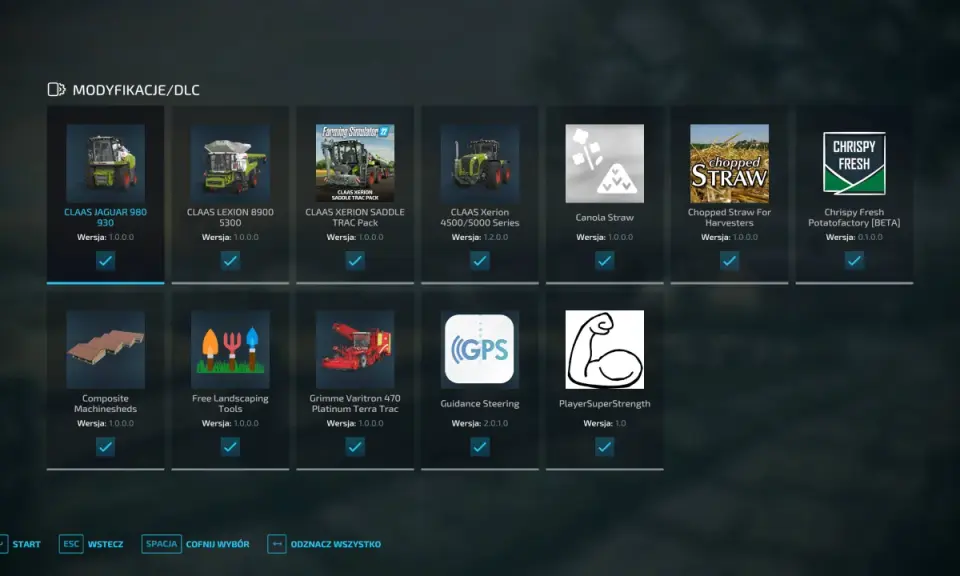 Menu modyfikacje/DLC do FS22: kombajny Claas, maszyny do słomy, narzędzia i inne mody.