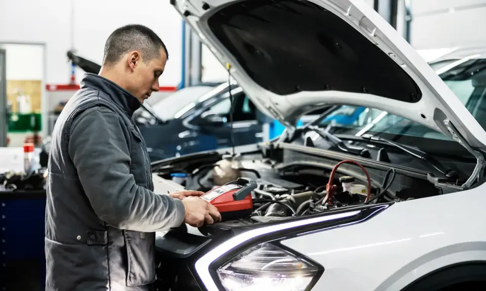 Mechanik sprawdza stan akumulatora, przygotowując samochód do przeglądu. Opłata za przegląd samochodu obejmuje takie diagnostyki.