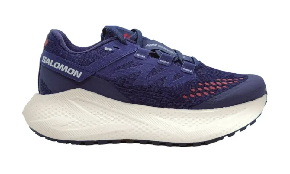 Granatowe buty Salomon Aero Glide 3 z białą podeszwą, idealne do biegania.