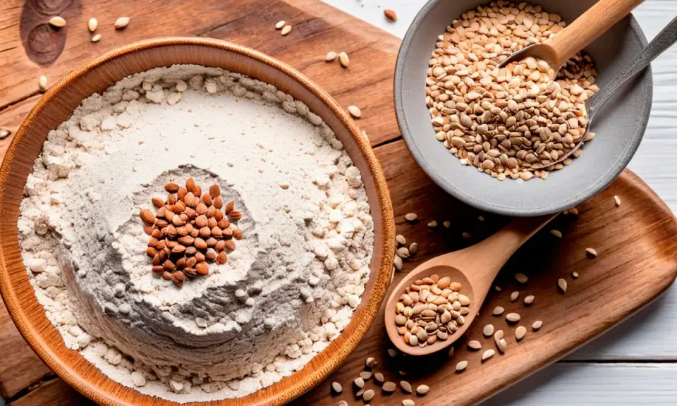 Farine au froment ou au blé noir dans un bol en bois, garnie d'amandes. Des graines sont dans des cuillères et sur un plateau.