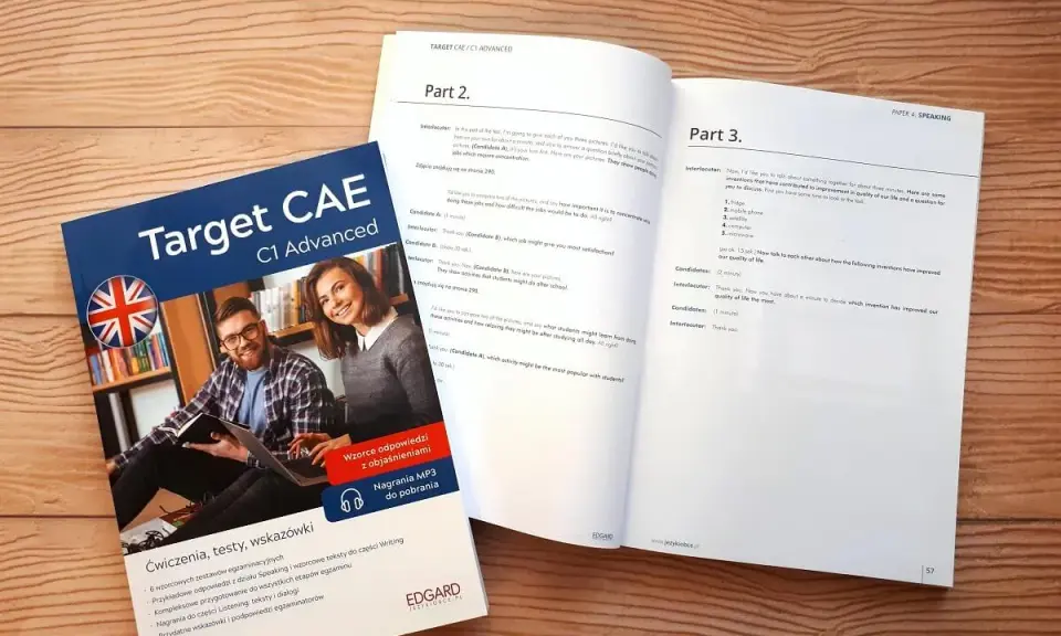 Książka "Target CAE C1 Advanced" i otwarte strony z ćwiczeniami do Speaking. To świetny materiał, cae jaki to poziom!