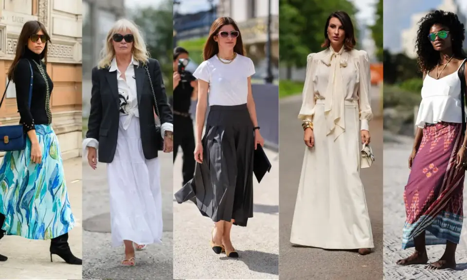Five women showcase stylish long skirt outfits, from flowing prints to elegant monochrome looks.