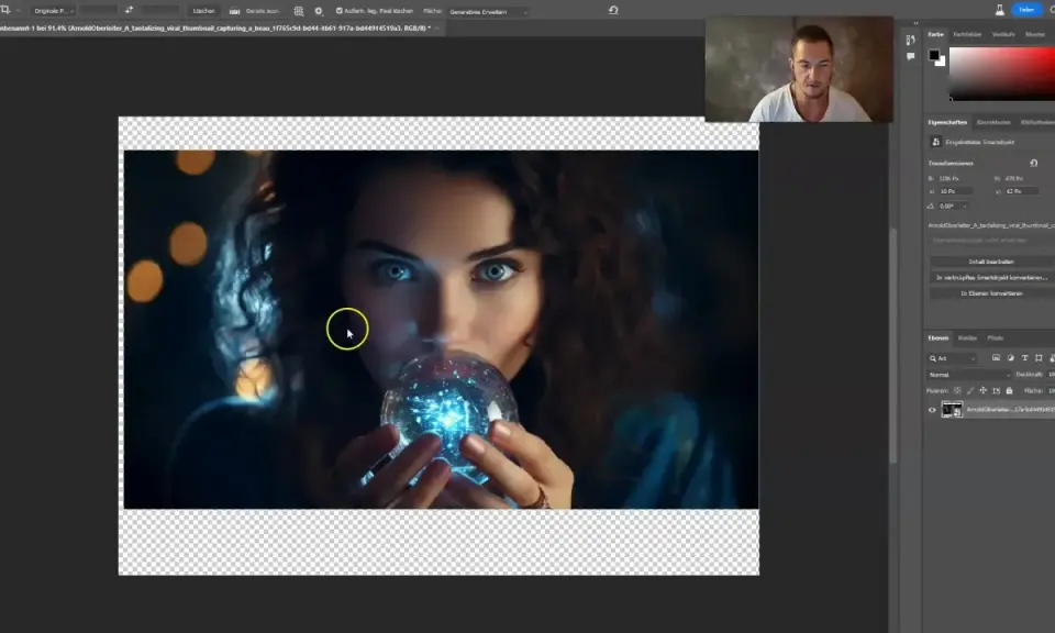 Mujer con mirada intensa sostiene una esfera brillante, editando la imagen con Adobe Firefly Beta.