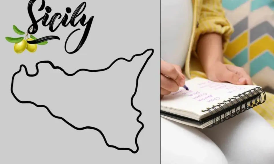 Una donna incinta scrive nomi femminili siciliani su un taccuino, ispirata dalla sagoma dell'isola.