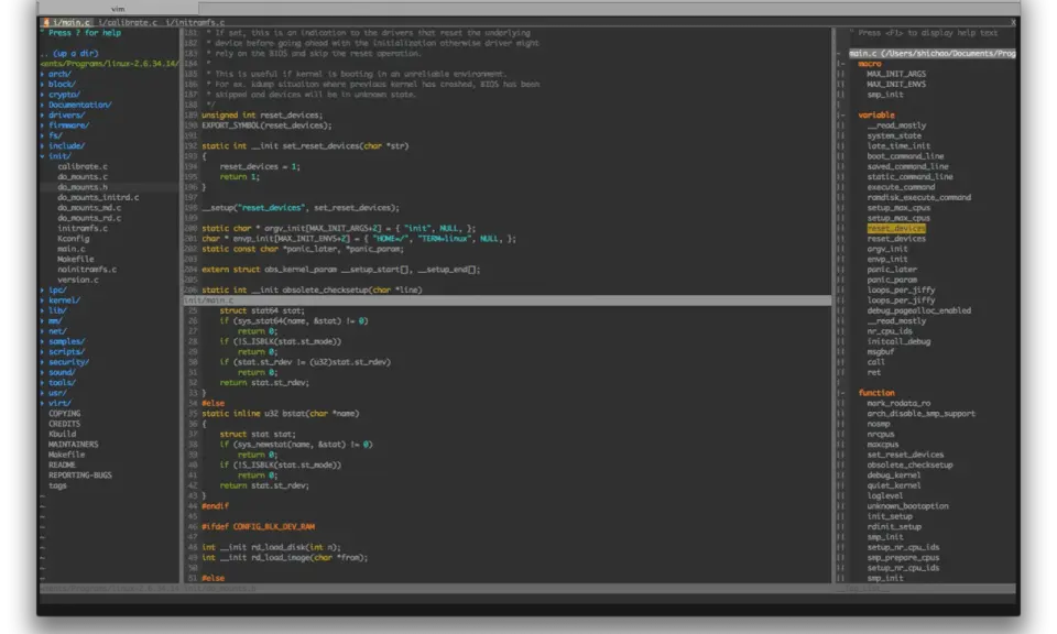 Kod C++ w edytorze Vim. Widoczny fragment kodu dotyczy inicjalizacji systemu i obsługi urządzeń.