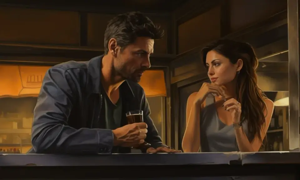 Un homme et une femme se regardent dans un bar. Mon ex revient, mais je n'ai plus confiance.