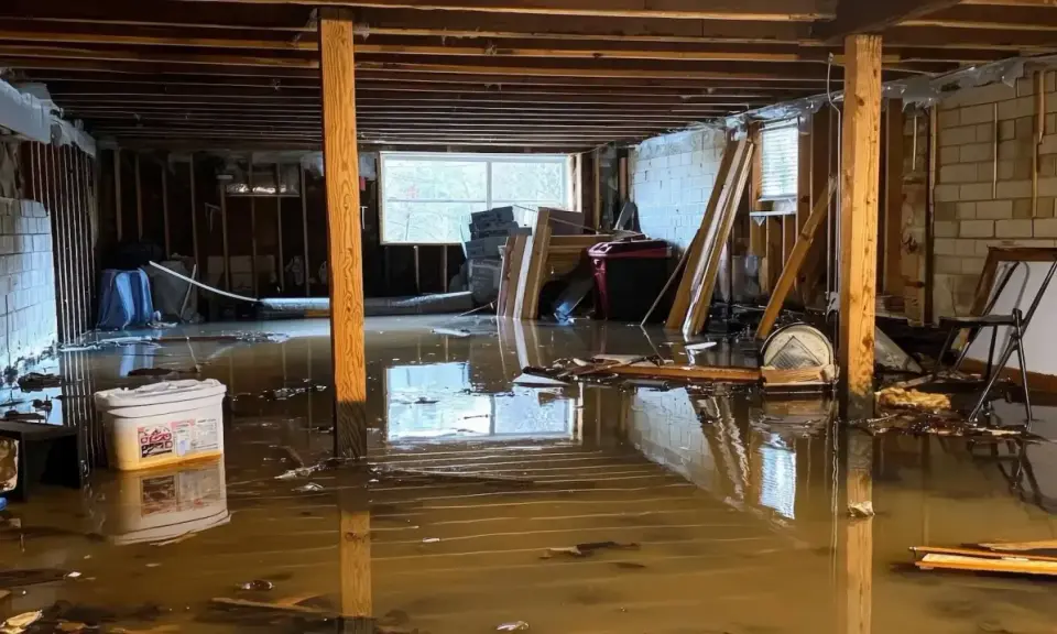 Un **garage inondé** avec de l'eau boueuse recouvrant le sol, des débris flottants et des matériaux de construction endommagés.