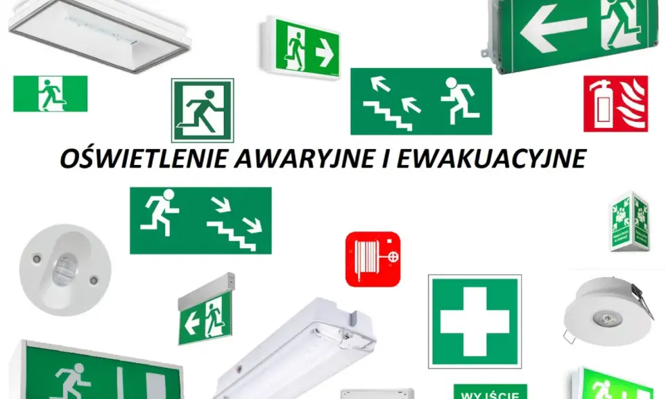 Różnorodne znaki ewakuacyjne i oświetlenie awaryjne, w tym zielone tablice z piktogramami biegnących ludzi i strzałkami, sygnalizujące drogi ewakuacyjne.